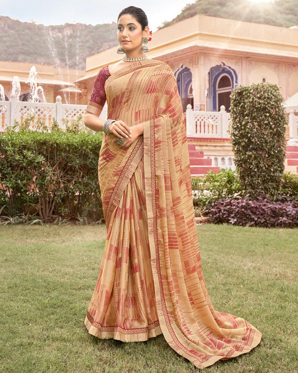 Vishal Prints Fawn Printed Fancy Chiffon Saree With Foil Print And Border