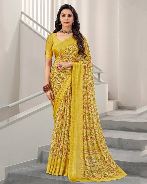 Vishal Prints Old Gold Yellow Digital Print Chiffon Saree With Weaved Satin Patta