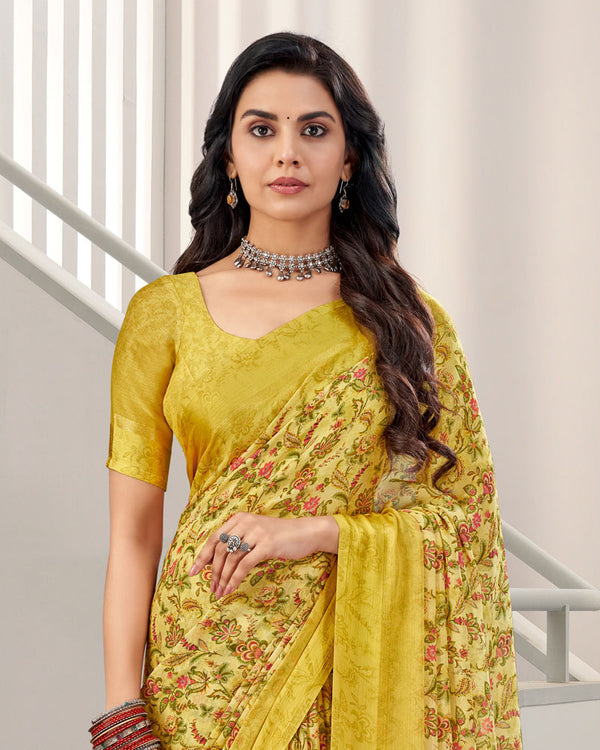 Vishal Prints Old Gold Yellow Digital Print Chiffon Saree With Weaved Satin Patta