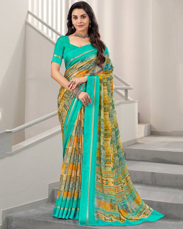 Vishal Prints Aqua Green Digital Print Chiffon Saree With Weaved Satin Patta