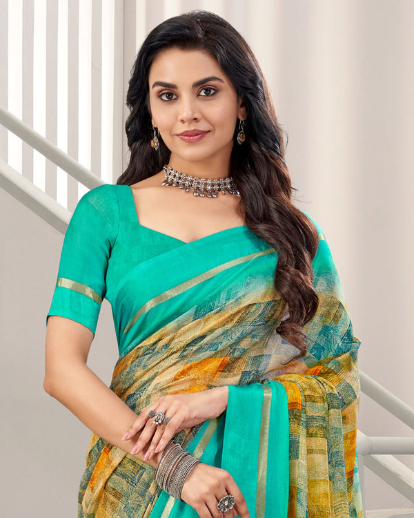 Vishal Prints Aqua Green Digital Print Chiffon Saree With Weaved Satin Patta