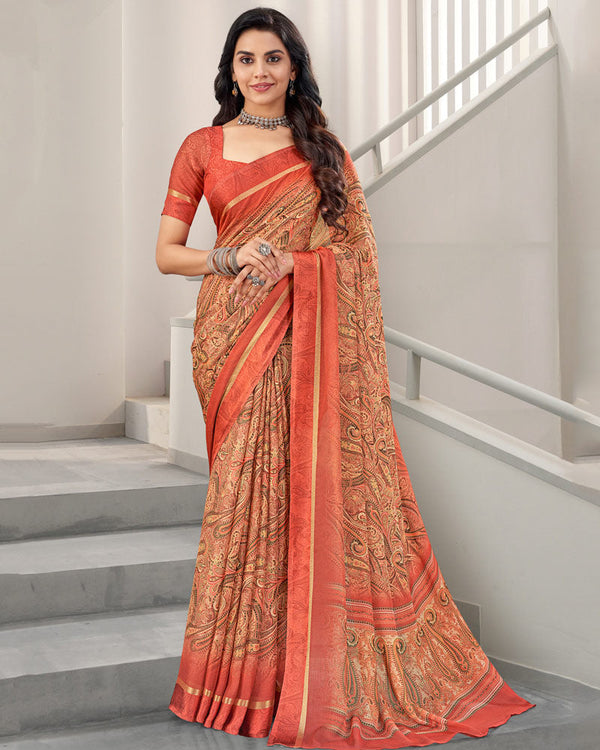 Vishal Prints Dark Coral Digital Print Chiffon Saree With Weaved Satin Patta