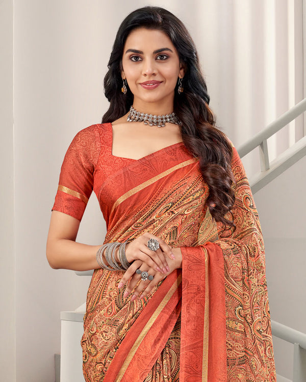 Vishal Prints Dark Coral Digital Print Chiffon Saree With Weaved Satin Patta