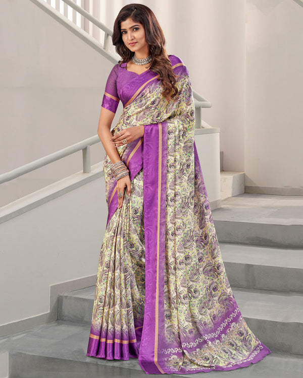 Vishal Prints Deep Magenta Digital Print Chiffon Saree With Weaved Satin Patta