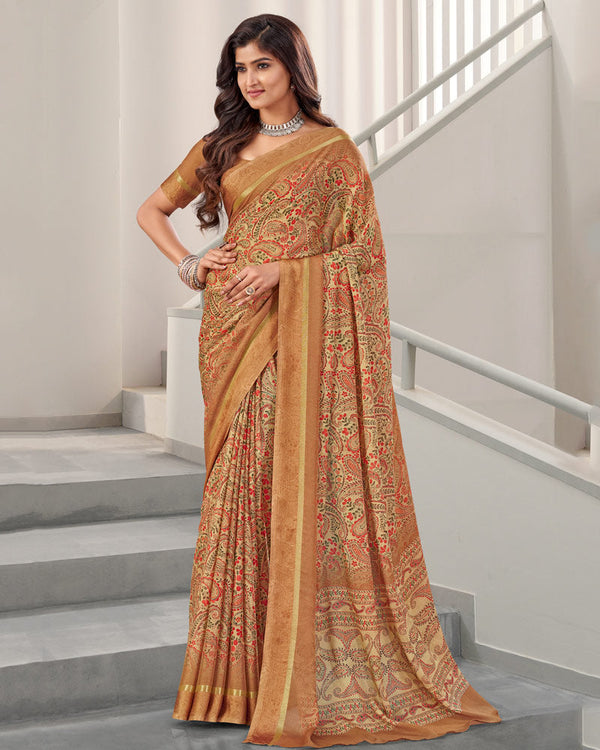 Vishal Prints Dusty Brown Digital Print Chiffon Saree With Weaved Satin Patta