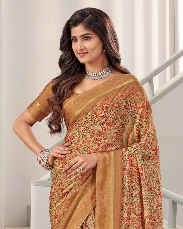 Vishal Prints Dusty Brown Digital Print Chiffon Saree With Weaved Satin Patta