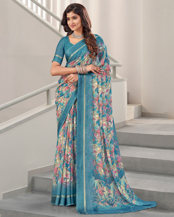 Vishal Prints Astral Blue Digital Print Chiffon Saree With Weaved Satin Patta