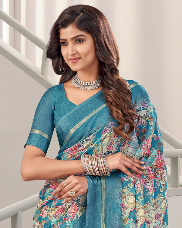 Vishal Prints Astral Blue Digital Print Chiffon Saree With Weaved Satin Patta