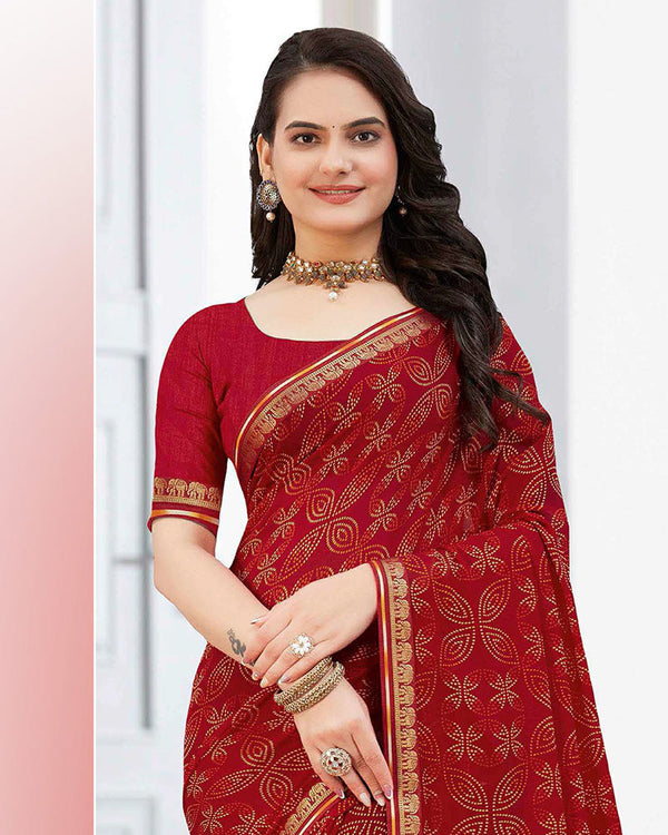 Vishal Prints Dark Red Printed Georgette Saree With Zari Border