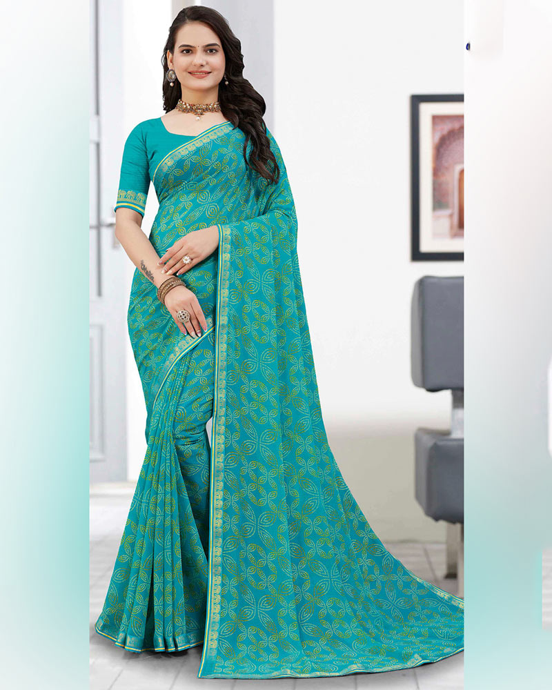 Vishal Prints Teal Blue Printed Georgette Saree With Zari Border