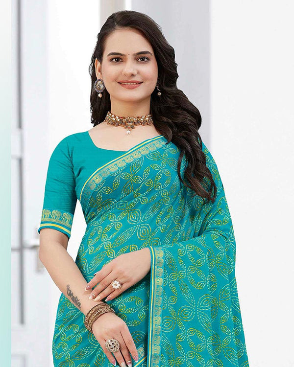 Vishal Prints Teal Blue Printed Georgette Saree With Zari Border