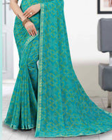 Vishal Prints Teal Blue Printed Georgette Saree With Zari Border