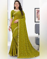 Vishal Prints Olive Yellow Printed Georgette Saree With Zari Border