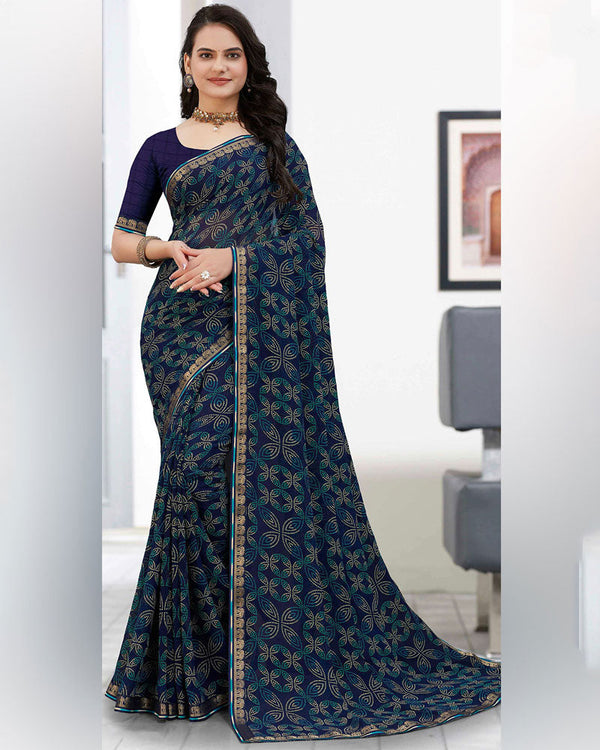 Vishal Prints Dark Navy Blue Printed Georgette Saree With Zari Border