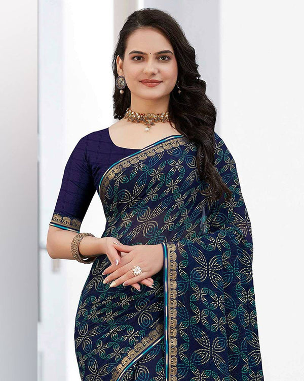 Vishal Prints Dark Navy Blue Printed Georgette Saree With Zari Border