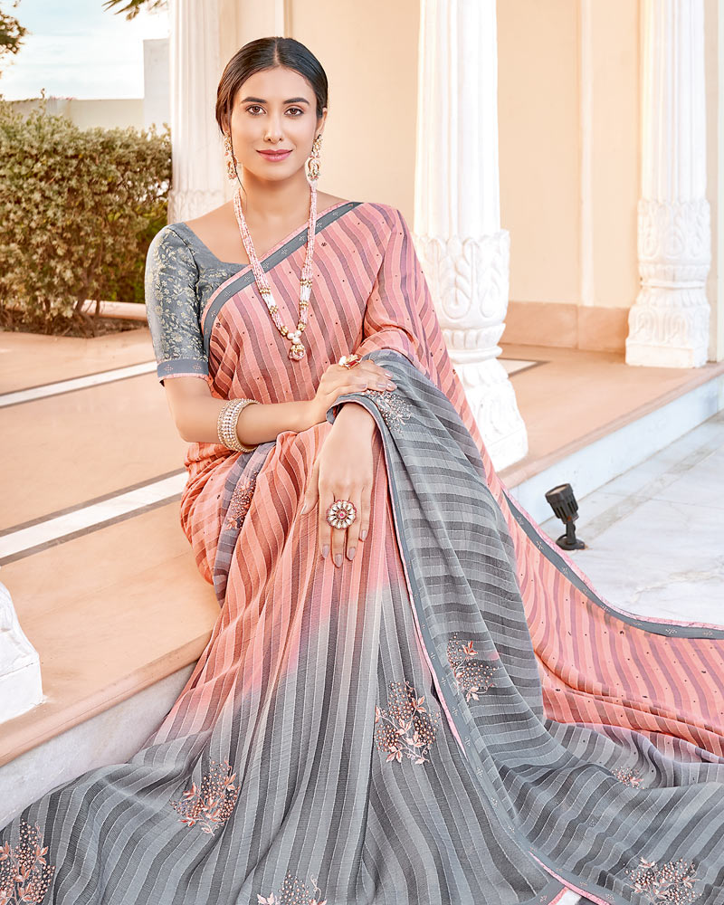 Vishal Prints Peach Designer Chiffon Saree