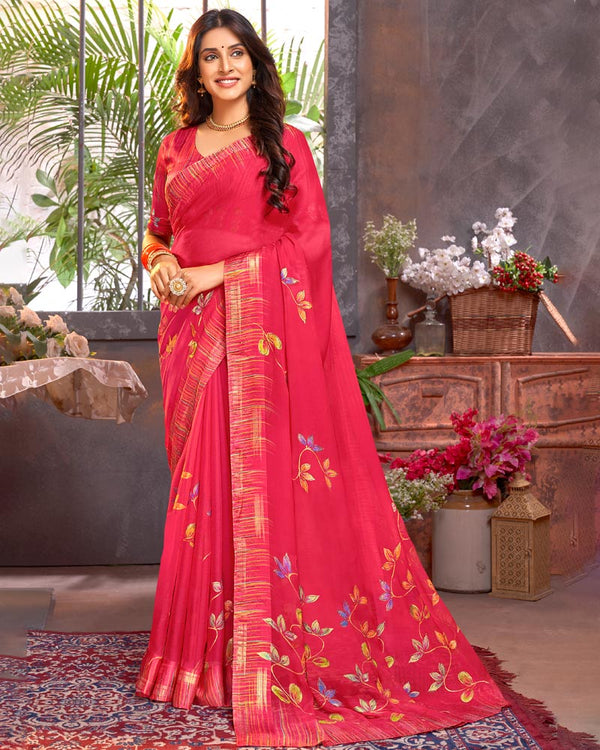 Vishal Prints Cherry Red Digital Print Chiffon Saree With Stone Work