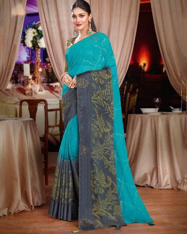 Vishal Prints Turquoise And Grey Brasso Saree With Diamond Work And Tassel