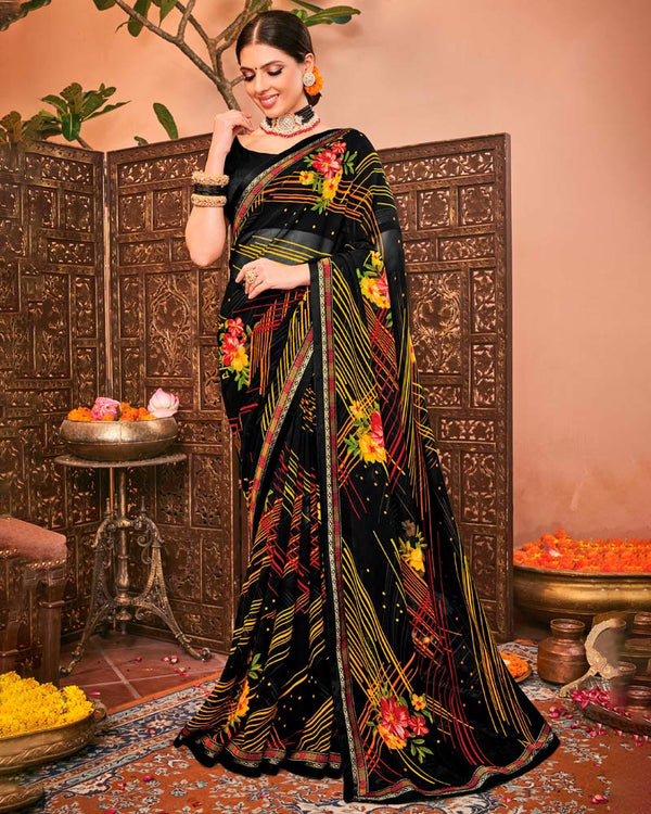 Vishal Prints Black Printed Georgette Saree With Border