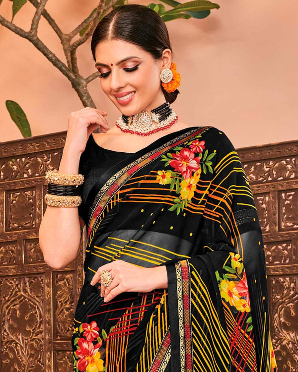 Vishal Prints Black Printed Georgette Saree With Border