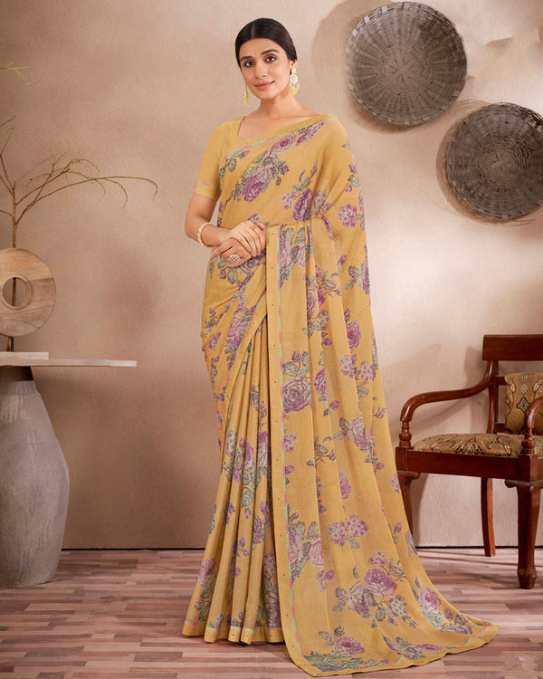 Vishal Prints Pastel Yellow Printed Fancy Chiffon Saree With Border