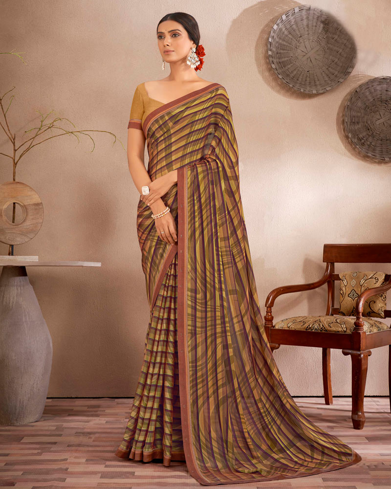 Vishal Prints Coffee Brown Printed Fancy Chiffon Saree With Border