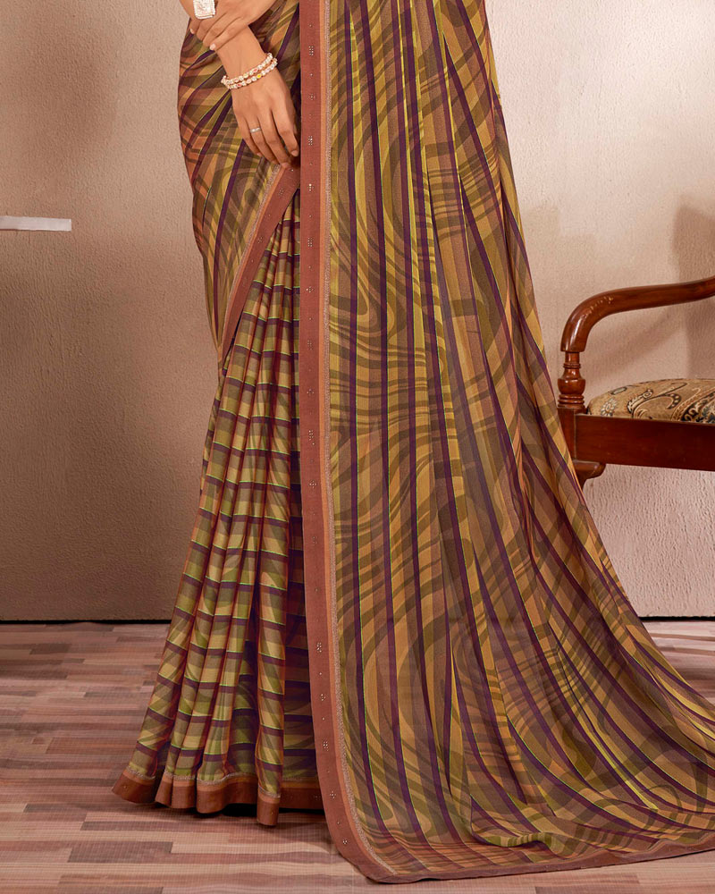 Vishal Prints Coffee Brown Printed Fancy Chiffon Saree With Border