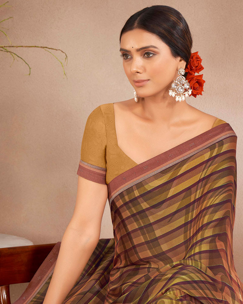 Vishal Prints Coffee Brown Printed Fancy Chiffon Saree With Border