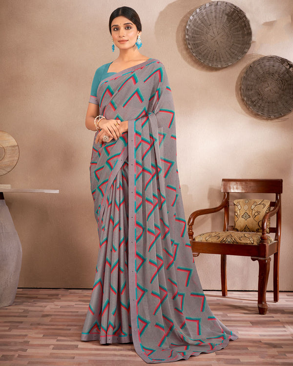 Vishal Prints Grey Printed Fancy Chiffon Saree With Border