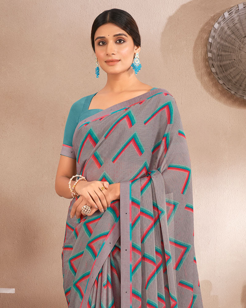 Vishal Prints Grey Printed Fancy Chiffon Saree With Border