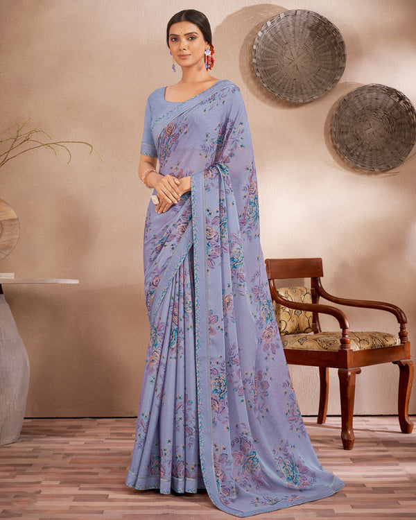 Vishal Prints Ash Grey Printed Fancy Chiffon Saree With Border