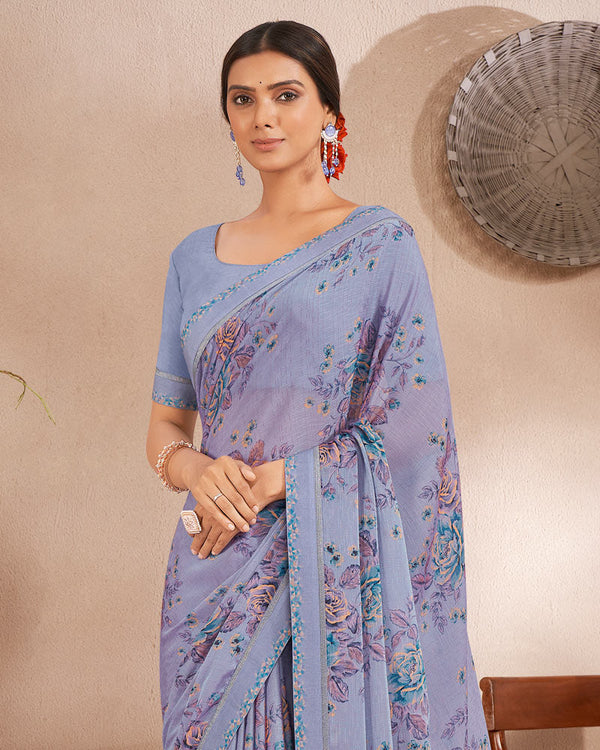 Vishal Prints Ash Grey Printed Fancy Chiffon Saree With Border