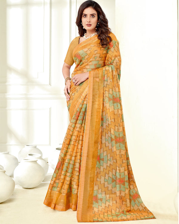 Vishal Prints Pastel Orange Ikkat Digital Print Saree With Diamond Work And Core Piping