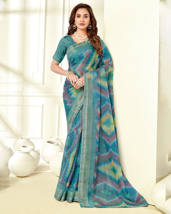 Vishal Prints Teal Blue Ikkat Digital Print Saree With Diamond Work And Core Piping