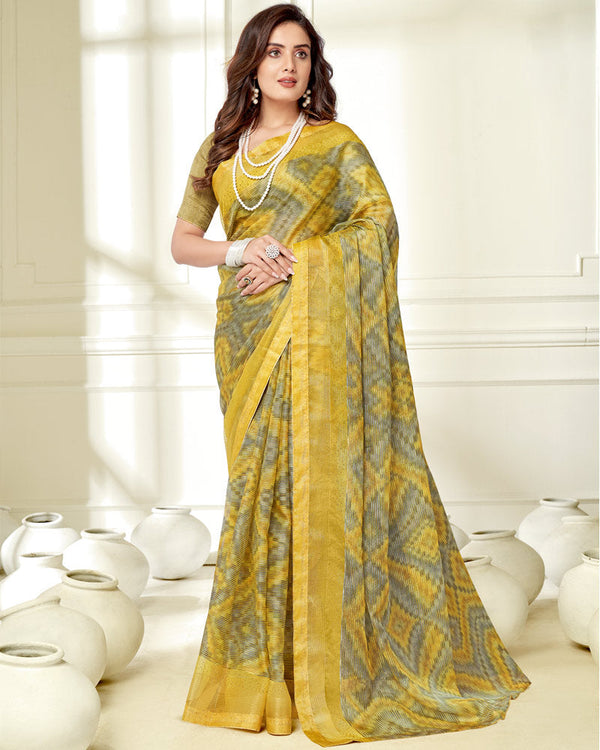 Vishal Prints Light Mustard Ikkat Digital Print Saree With Diamond Work And Core Piping