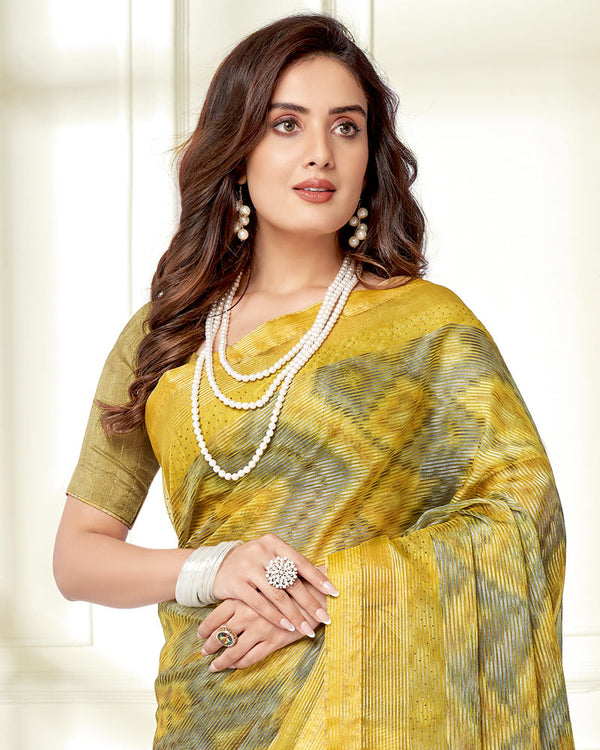 Vishal Prints Light Mustard Ikkat Digital Print Saree With Diamond Work And Core Piping