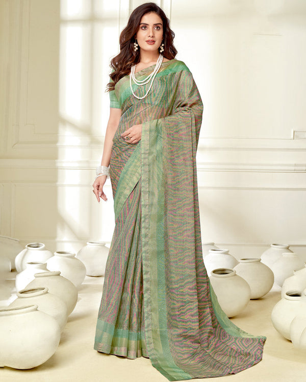 Vishal Prints Sea Green Ikkat Digital Print Saree With Diamond Work And Core Piping