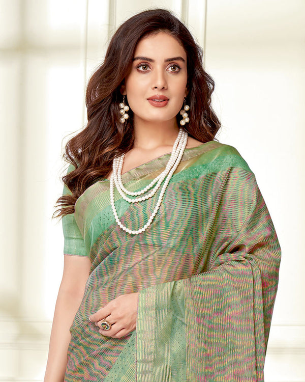 Vishal Prints Sea Green Ikkat Digital Print Saree With Diamond Work And Core Piping