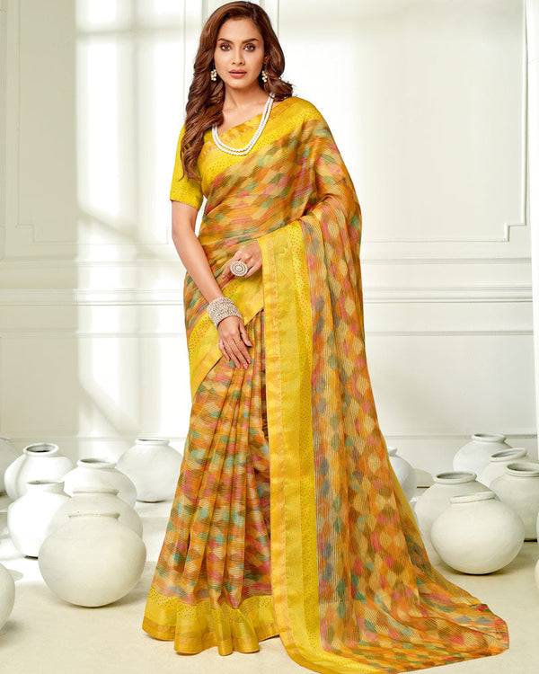 Vishal Prints Yellow Ikkat Digital Print Saree With Diamond Work And Core Piping