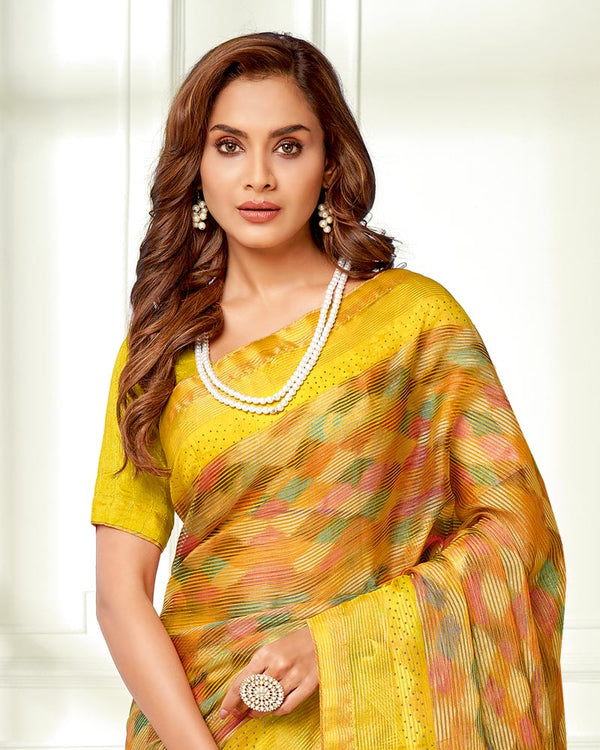 Vishal Prints Yellow Ikkat Digital Print Saree With Diamond Work And Core Piping