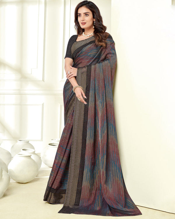 Vishal Prints Black Ikkat Digital Print Saree With Diamond Work And Core Piping