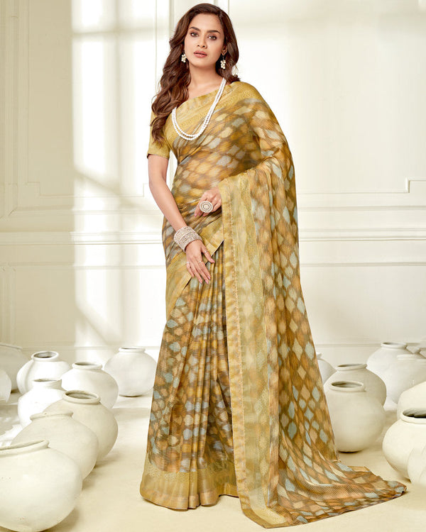 Vishal Prints Fawn Ikkat Digital Print Saree With Diamond Work And Core Piping