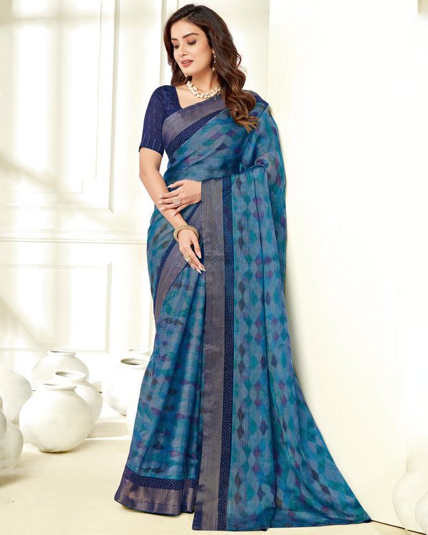 Vishal Prints Ink Blue Ikkat Digital Print Saree With Diamond Work And Core Piping