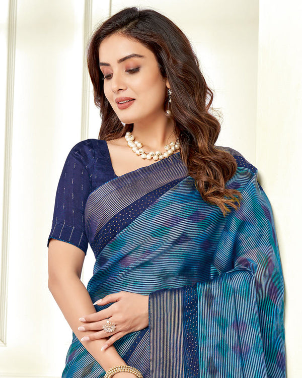 Vishal Prints Ink Blue Ikkat Digital Print Saree With Diamond Work And Core Piping