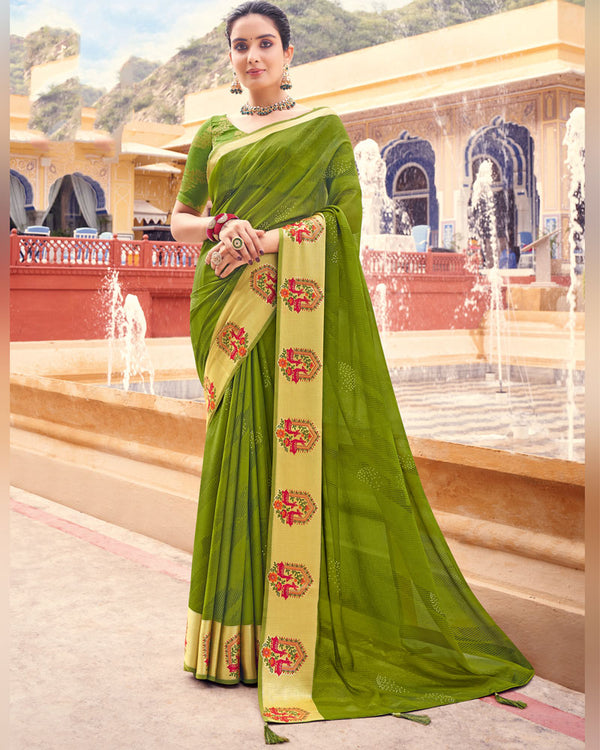 Vishal Prints Mehandi Green Printed Chiffon Saree With Foil Print, Weaved Viscose Patta And Border