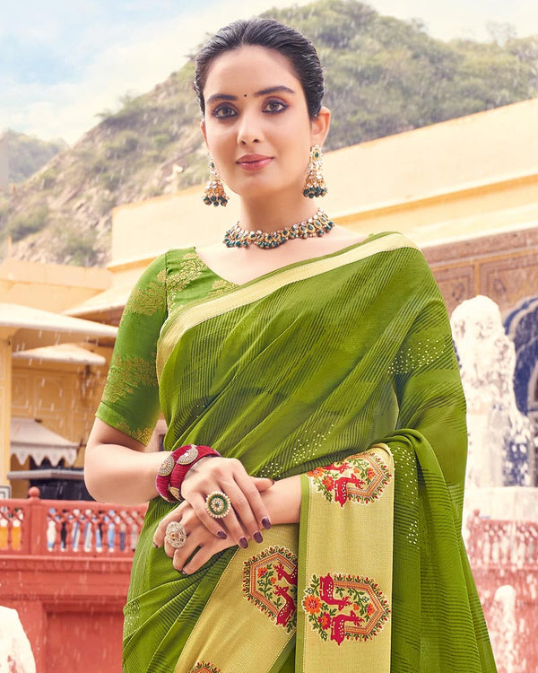 Vishal Prints Mehandi Green Printed Chiffon Saree With Foil Print, Weaved Viscose Patta And Border