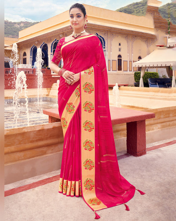 Vishal Prints Red Pink Printed Chiffon Saree With Foil Print, Weaved Viscose Patta And Border