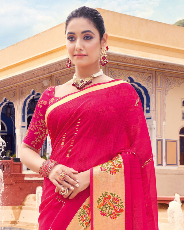 Vishal Prints Red Pink Printed Chiffon Saree With Foil Print, Weaved Viscose Patta And Border