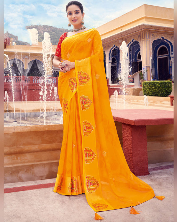 Vishal Prints Yellowish Orange Printed Chiffon Saree With Foil Print, Weaved Viscose Patta And Border