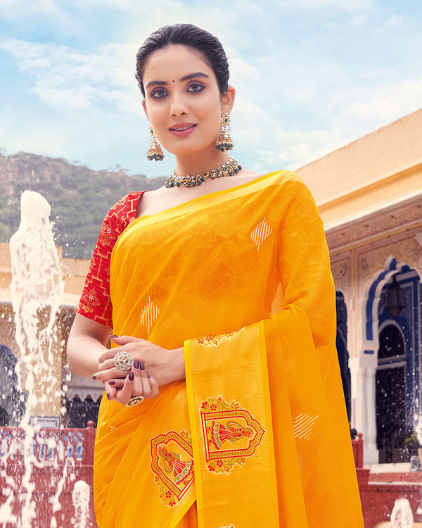 Vishal Prints Yellowish Orange Printed Chiffon Saree With Foil Print, Weaved Viscose Patta And Border